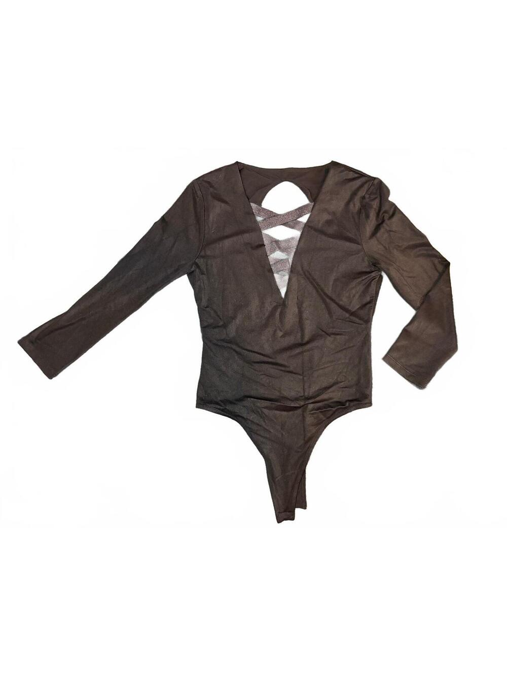 Victoria's Secret Sport Small Black Long Sleeve Sexy Deep V Open Back Bodysuit